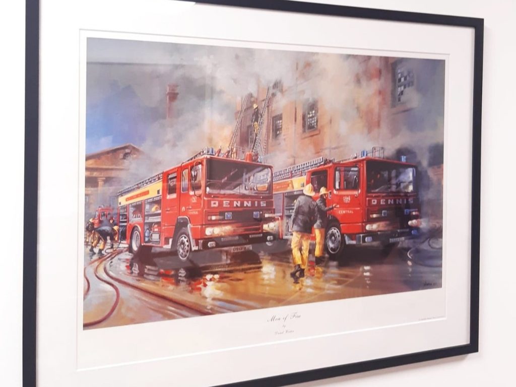Photo of a painting. It is of 2 fire engines from 1990, fighting a fire. It is by artist David Weston