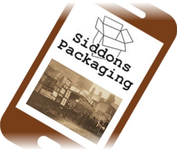 Picture of a stylised mobile phone. On the screen is the Siddons Packaging logo and the historic photo from 1900.