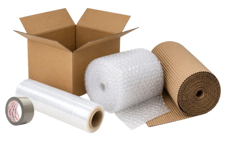 Photo of a carton, roll of (VIBAC) tape, bubble wrap, corrugated paper, & stretch wrap.