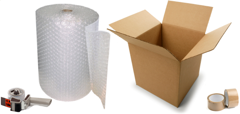 Photo of bubble wrap, an open corrugated carton, some sealing tape and a tape gun
