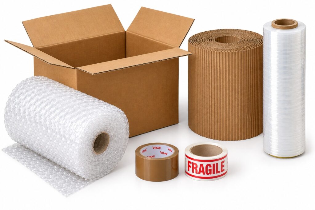 Photo of a carton, corrugated roll, stretch wrap, bubble wrap, Vibac branded carton sealing tape and "Fragile" tape.