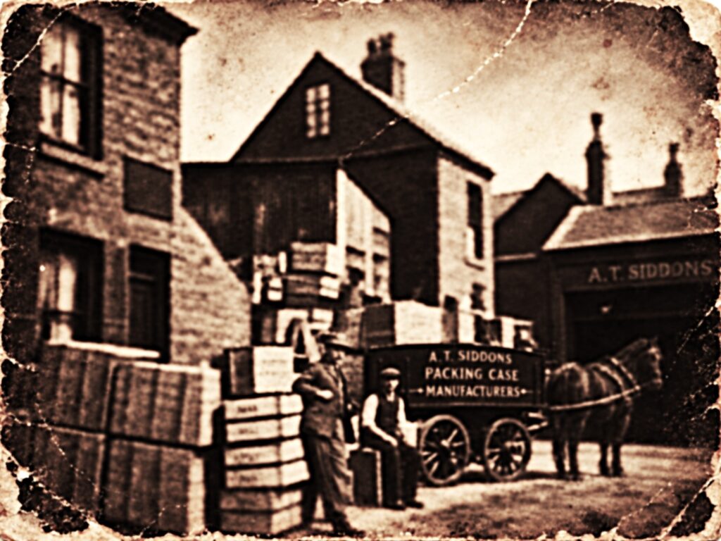 Photo of Siddons Packaging in c1900 at Wharf Street, in Leicester. Wooden crates loaded on horse driven cart.